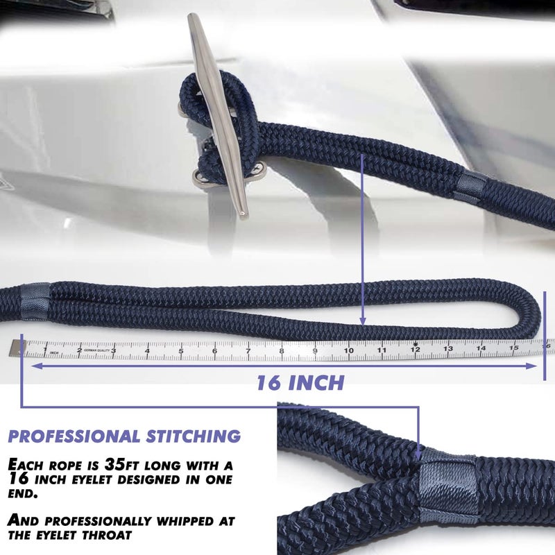 INNOCEDEAR 2 Pack Premium Navy Blue Dock Lines - 5/8" x 35' with Eyelet.Double Braided Nylon Dock Line/Mooring Lines.Hi-Performance Marine Boats Ropes - Image 4